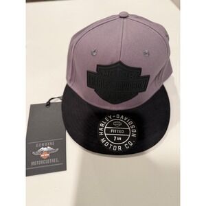 Harley Davidson Mens Grey Black Fitted Hat 7 3/8 Rubber Logo Flat Brim Cap NEW